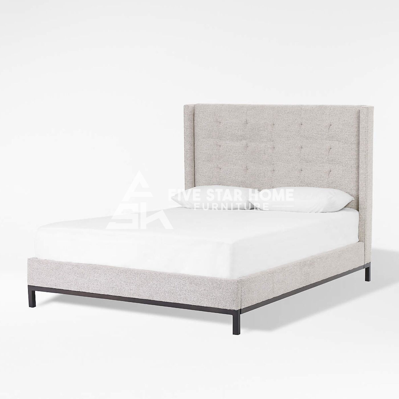 Melina Tufted Linen Wingback Bed in Light Grey