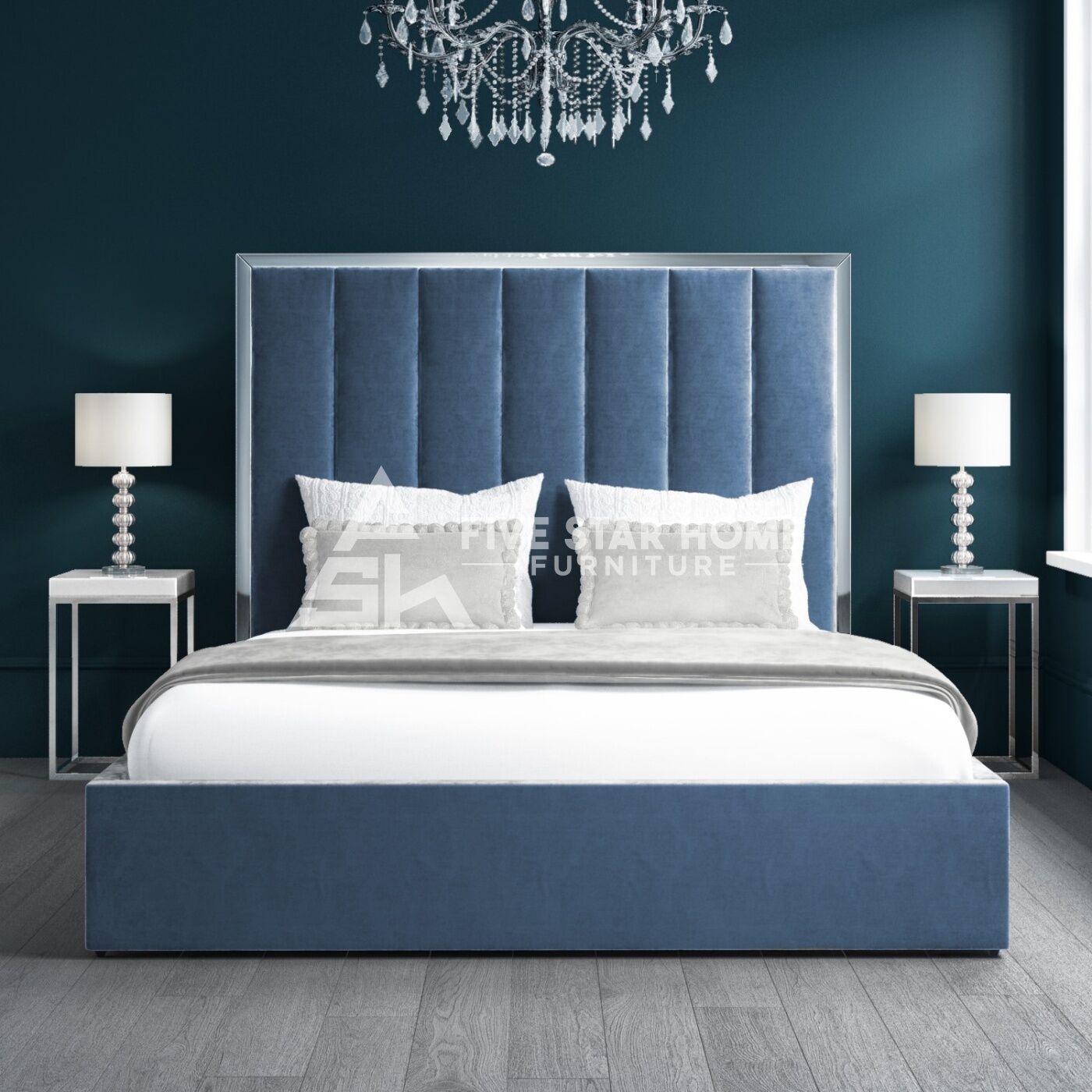 Blue Velvet Double Ottoman Bed with Tall Headboard - FSH