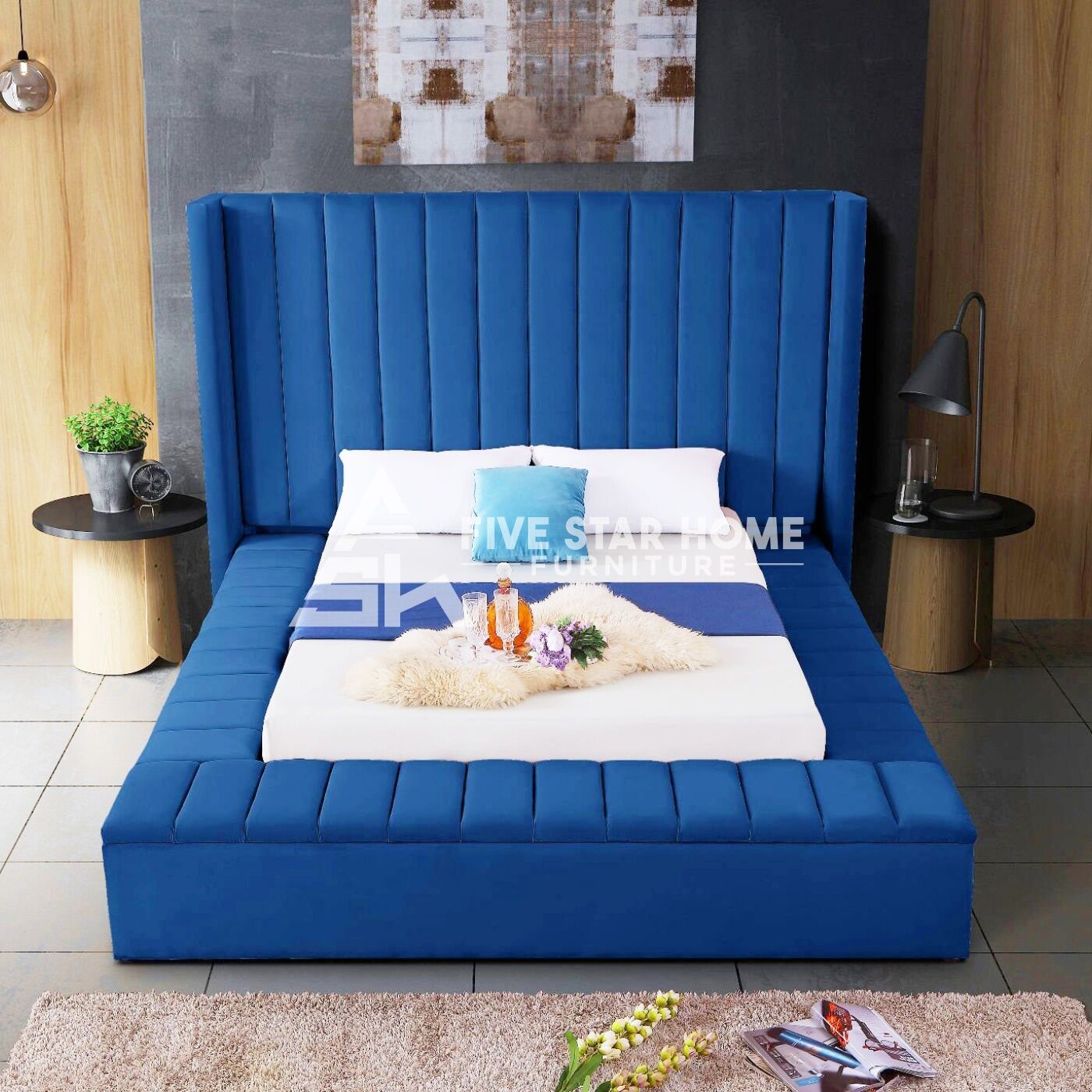 Channel Tufting Storage Velvet Bed in Blue