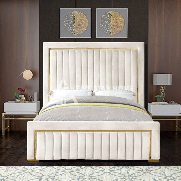 Gold Trim High Headboard Velvet Upholstery