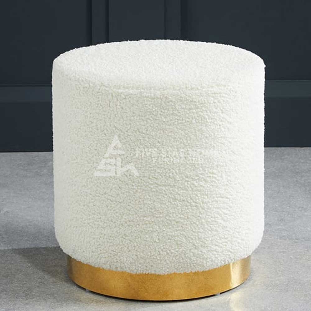 FSH White Fabric Upholstered Ottoman With Gold Base