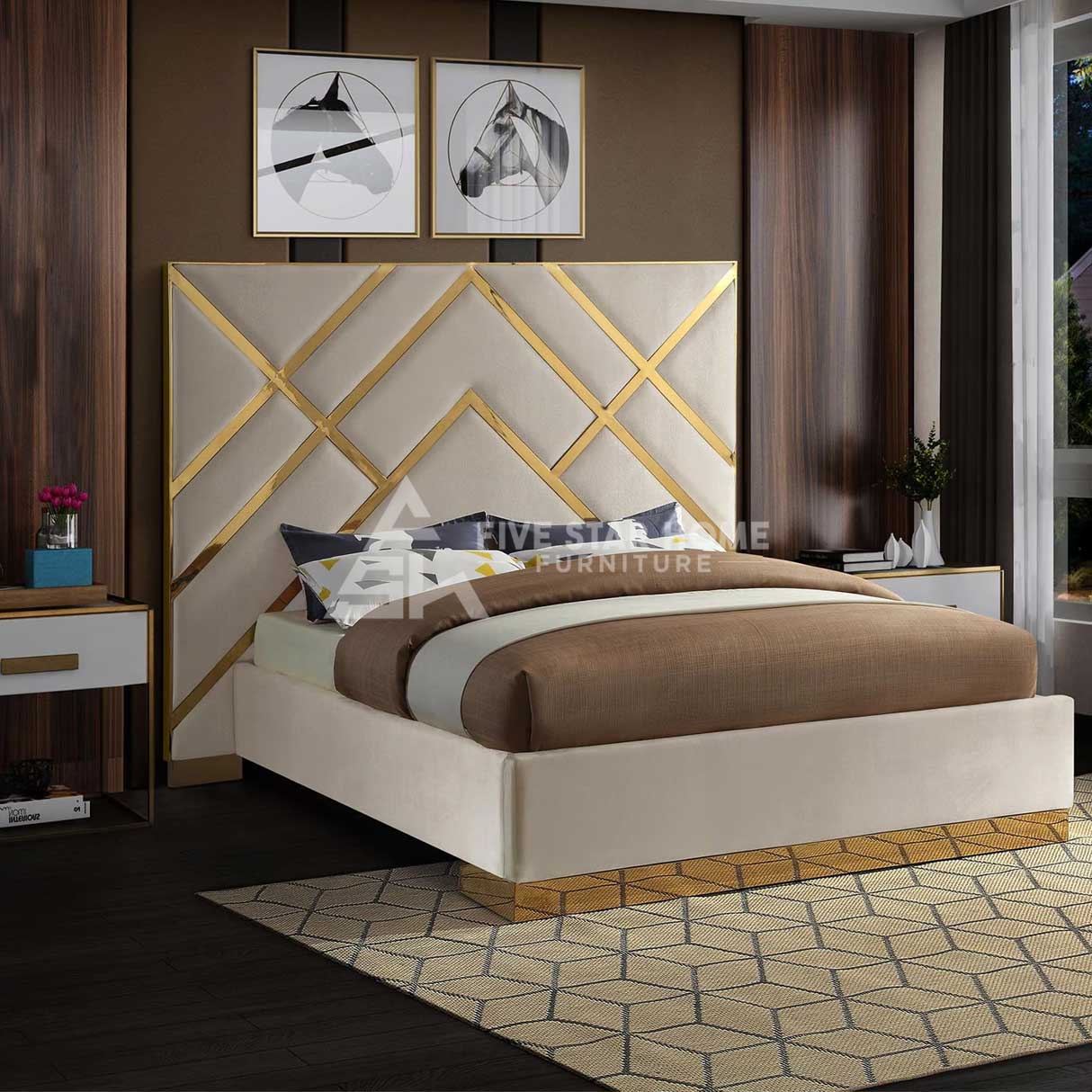 Modern Velvet Upholstered Bed with Gold Geometric Design