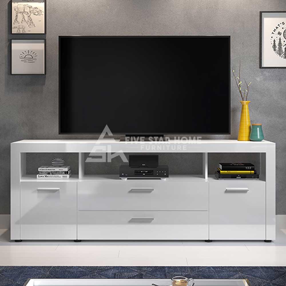 Stylish White High Gloss TV Stand With 2 Doors And 2 Drawers