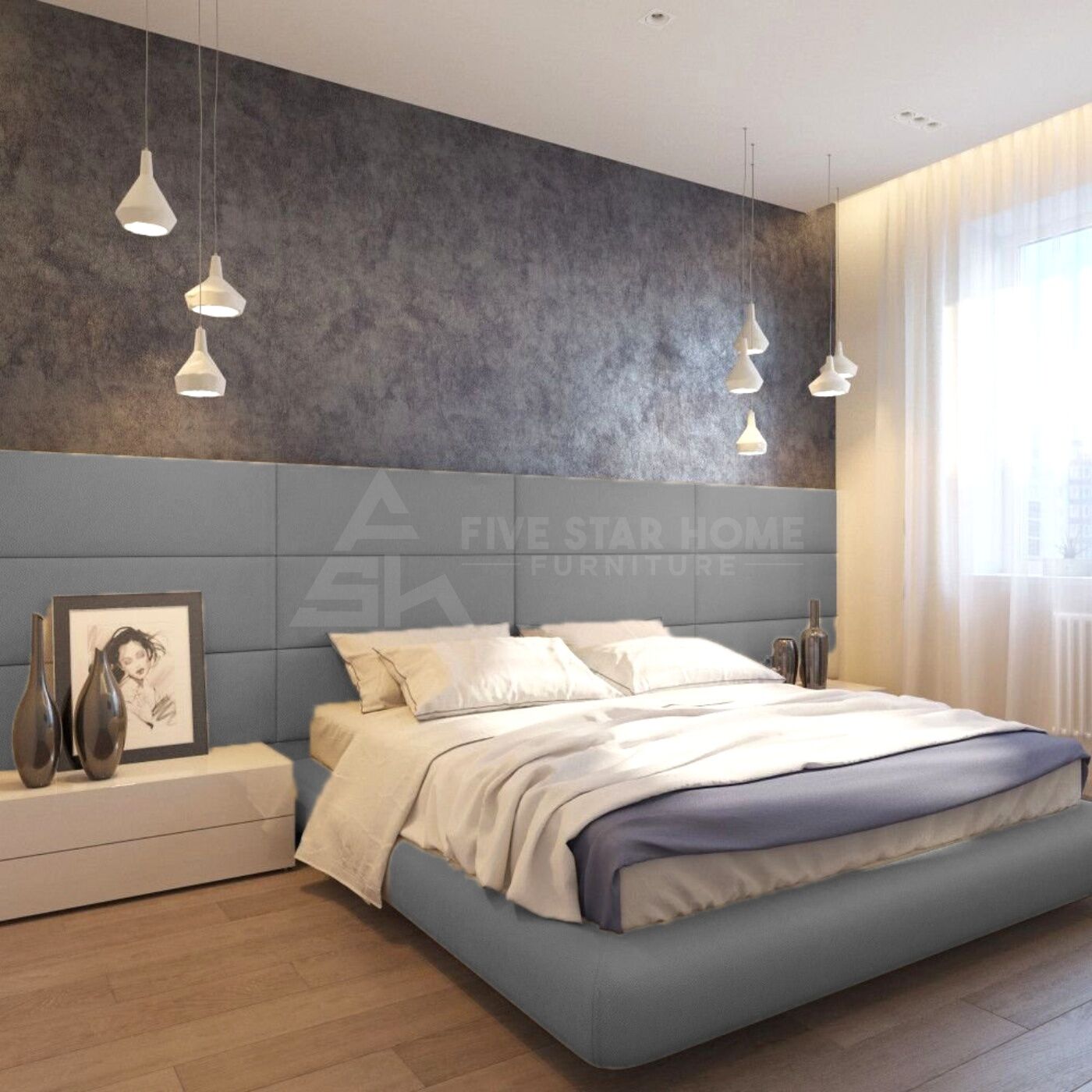 Royal Wallpanel Headboard Bed In Dark Gray