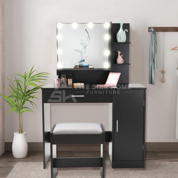 Wide Vanity Set With Mirror And Stool