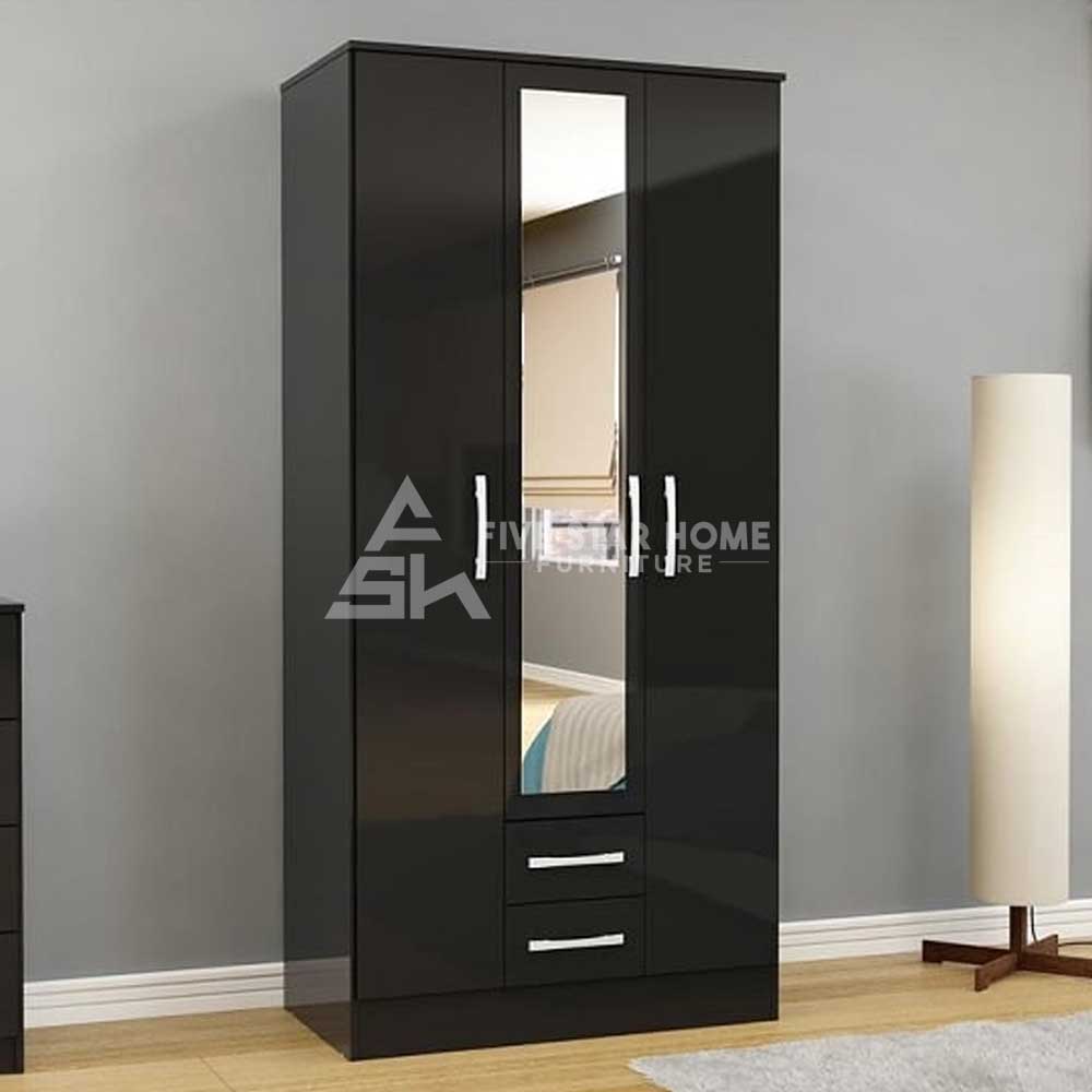 3 Door Wardrobe In Black High Gloss With Mirrored