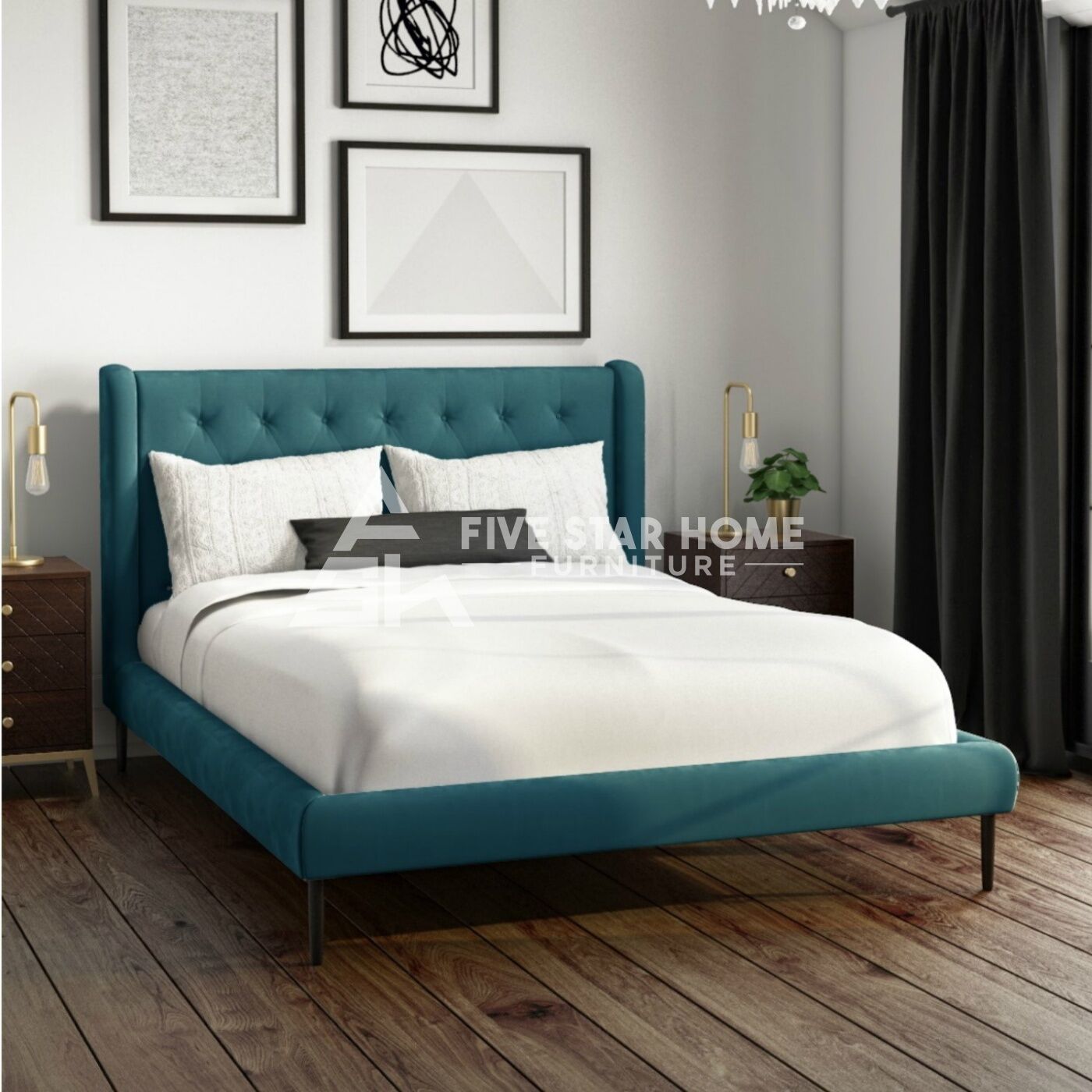 Light Green Velvet Small Double Bed Frame with Winged Headboard