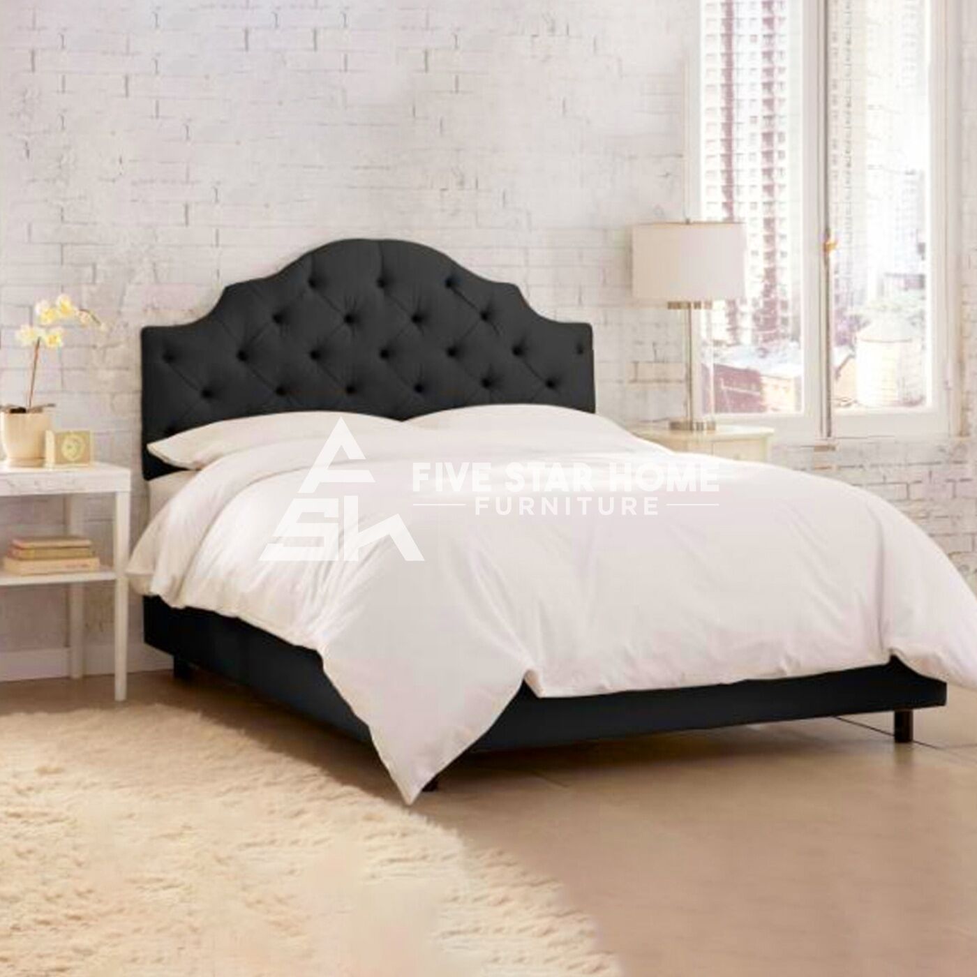 Deep Button Tufted Curved Headboard Bed in Black