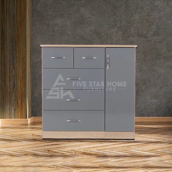 The FSH Grey 5 Drawer Compact Wardrobe features a contemporary design owing to the gloss finished front which contrasts perfectly with the light oak veneers.