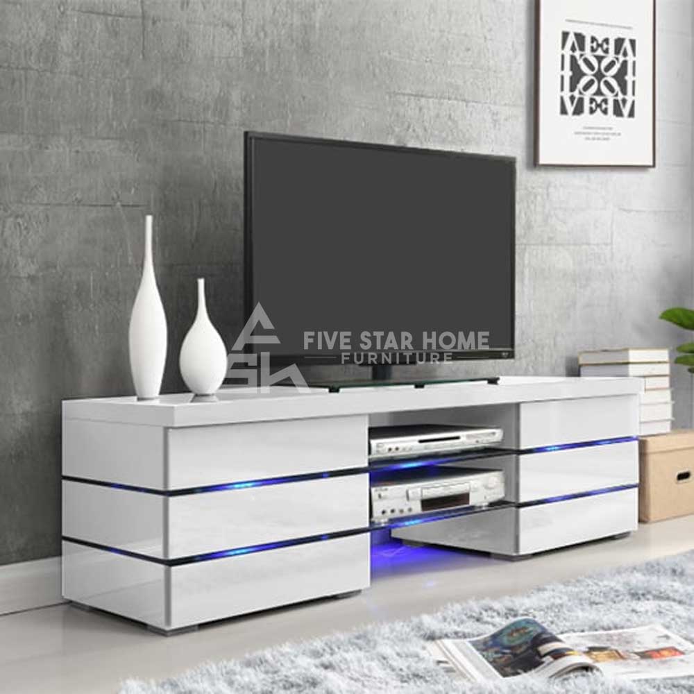 FSH Gloss TV Stand In White With Blue LED Lighting