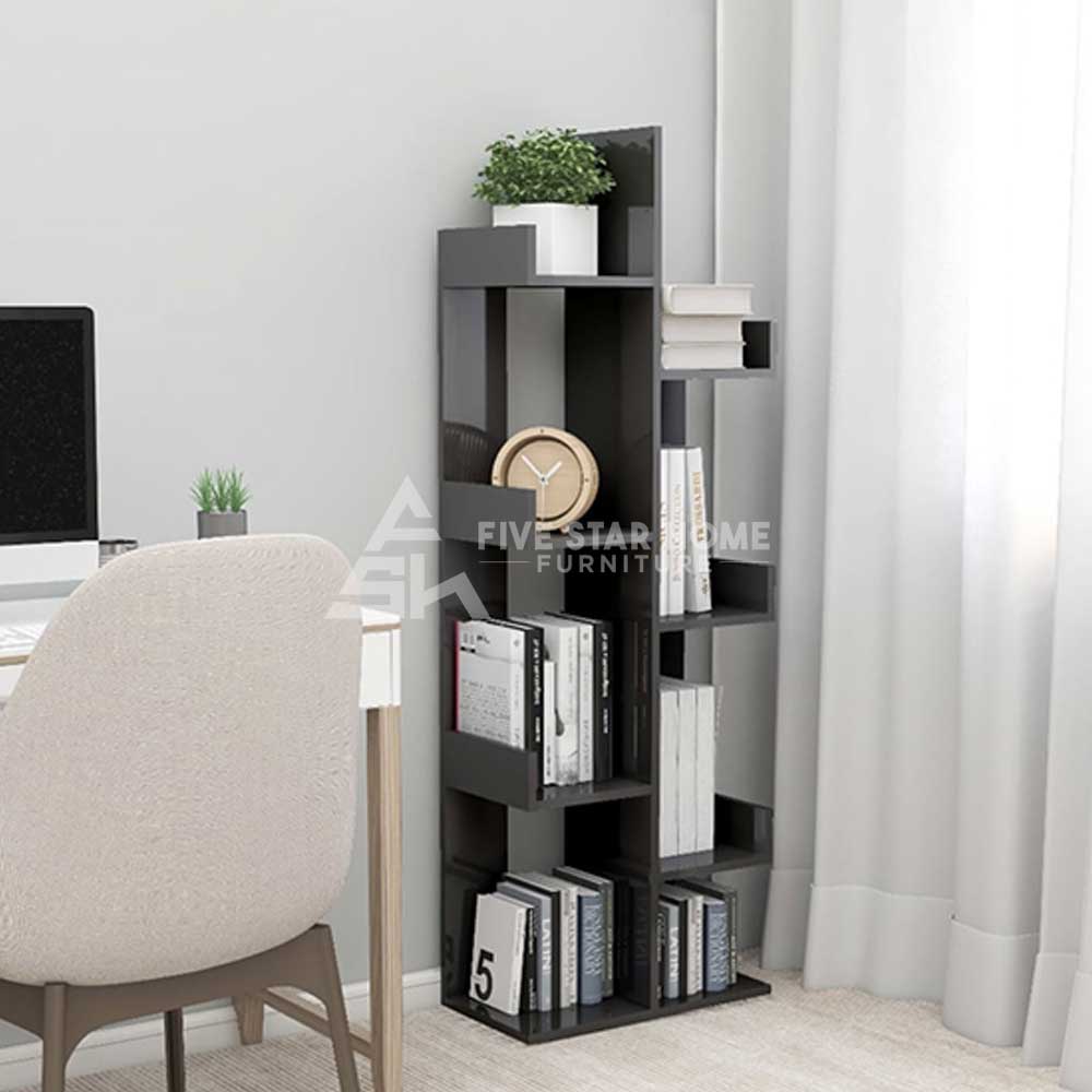 Tevin 8-Compartment, High-Gloss Bookshelf in Grey