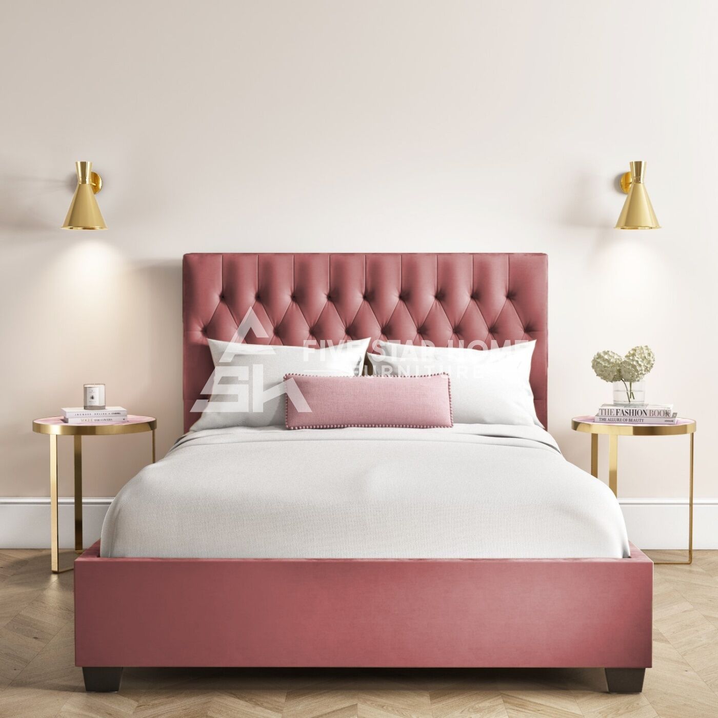 Safina light red Velvet Small Double Bed with Chesterfield Headboard FSH