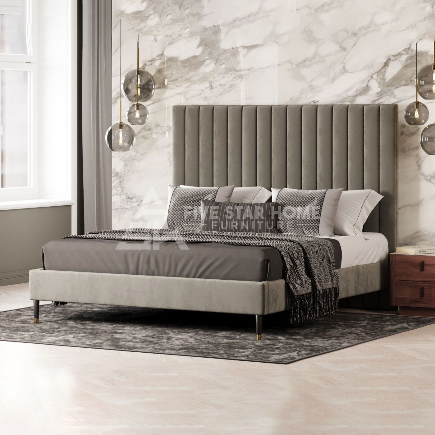 Nodrest Hemlock - Modern Grey Velvet Bed