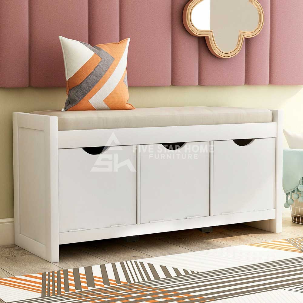 Removable Cushion Storage Bench With 3 Flip Lock Storage